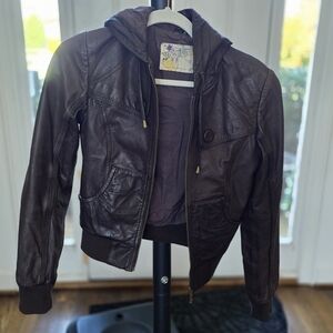 Topshop  Brown Hooded Leather Bomber Jacket Size 8. Cropped. Vintage